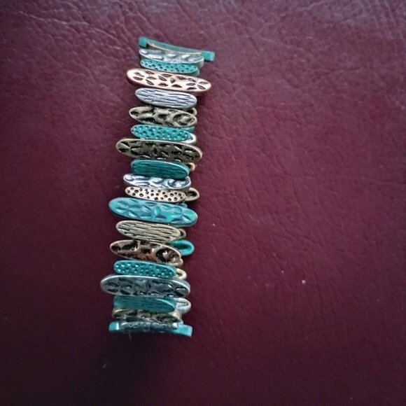 Bracelet Metal Narrow Oval Double holes Beads Tan Bronze Blue 2 Elastic Threads - Picture 3 of 9